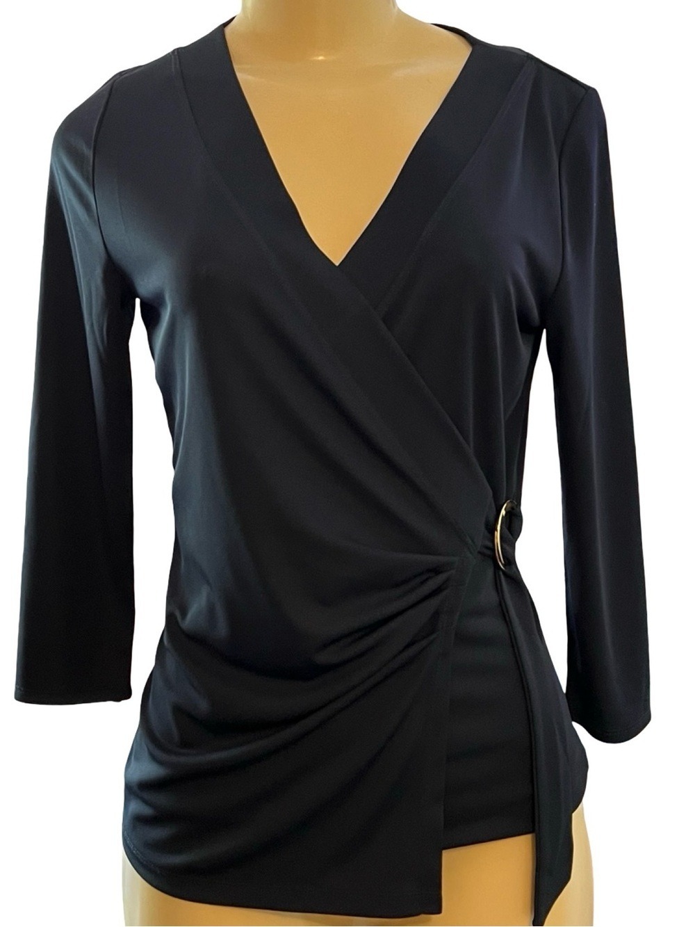 Lauren Ralph Lauren Petite S Navy Faux Wrap Ring Detail Top $90 MSRP NWT